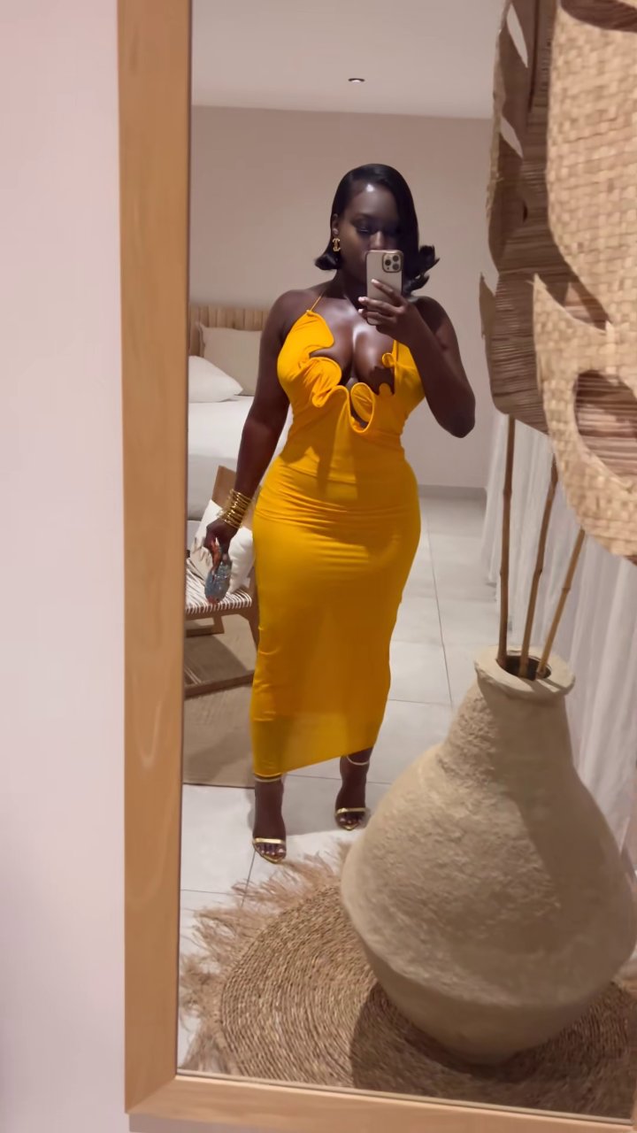 Women's Mustard Yellow Ruffled Cut-Out Maxi Dress Bodycon Evening Gown