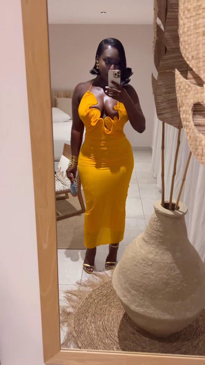 Women's Mustard Yellow Ruffled Cut-Out Maxi Dress Bodycon Evening Gown