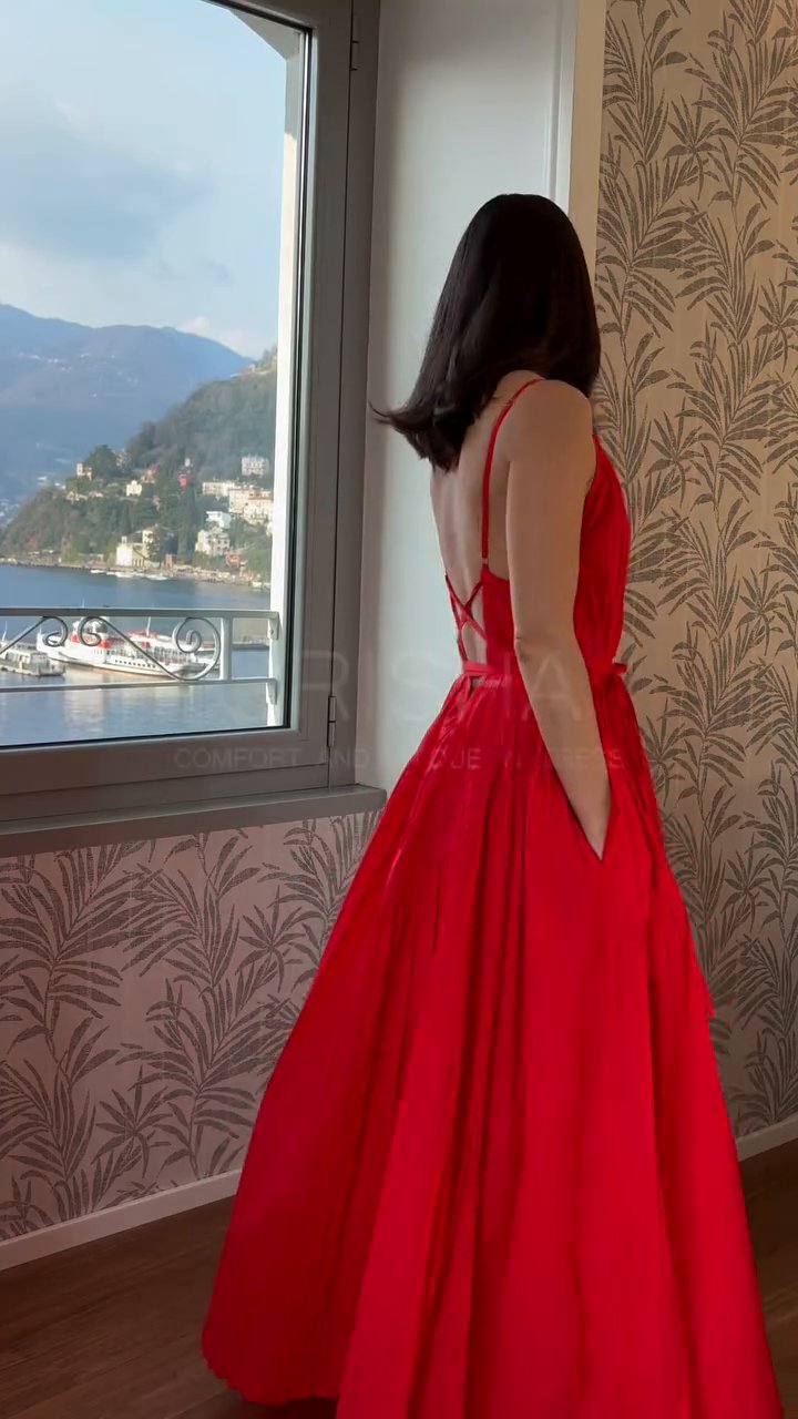  Red Cotton Maxi Dress V-Neck Tiered Flowy Summer Essential