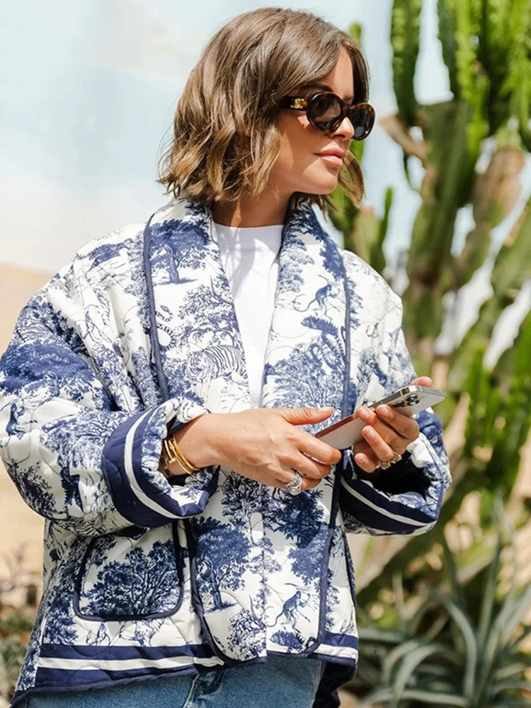 Vintage Ink Painting Print Quilted Oversized Jacket-Massicos