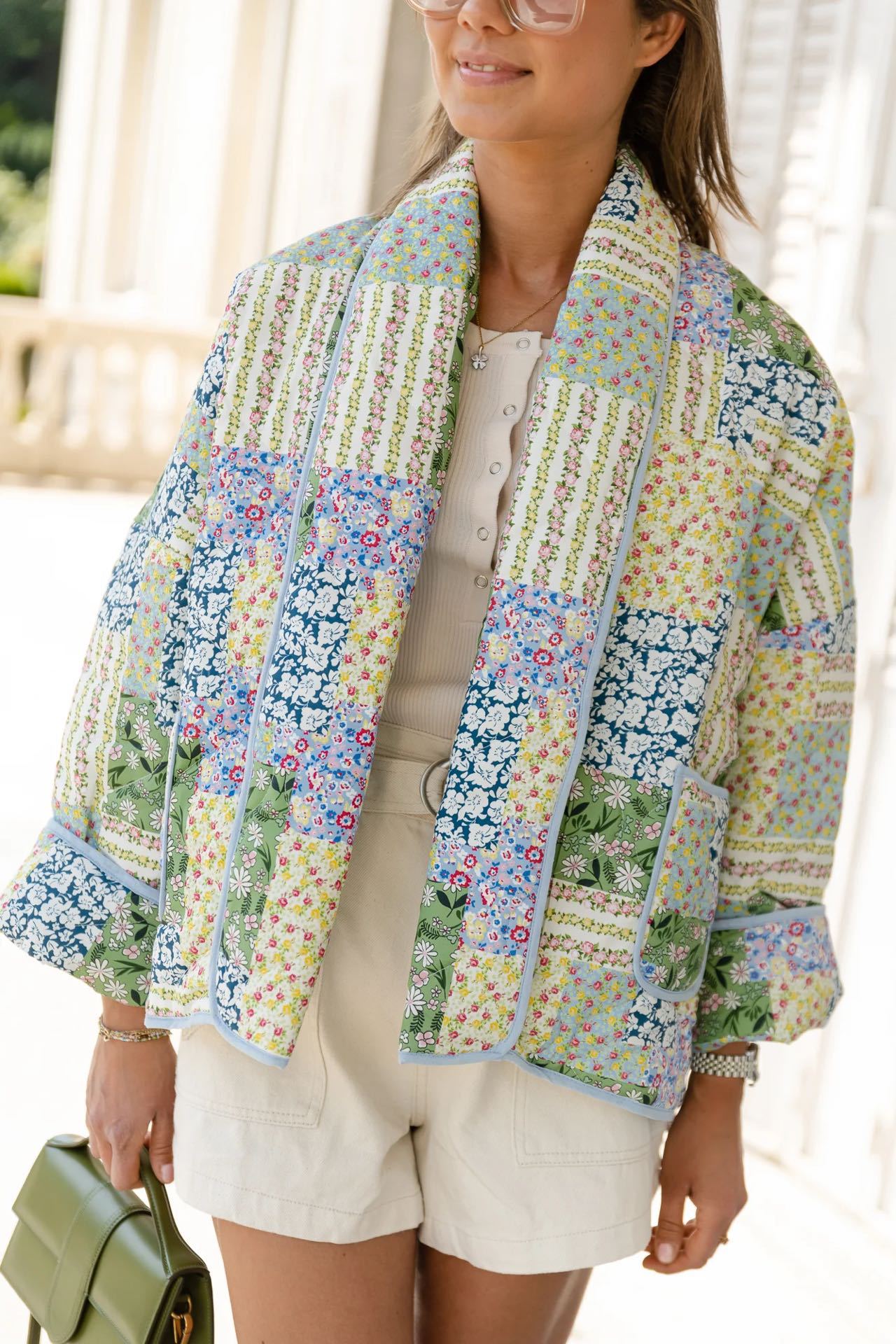 Yellow-Green Floral Patterned Patchwork Printed Jacket-Massicos