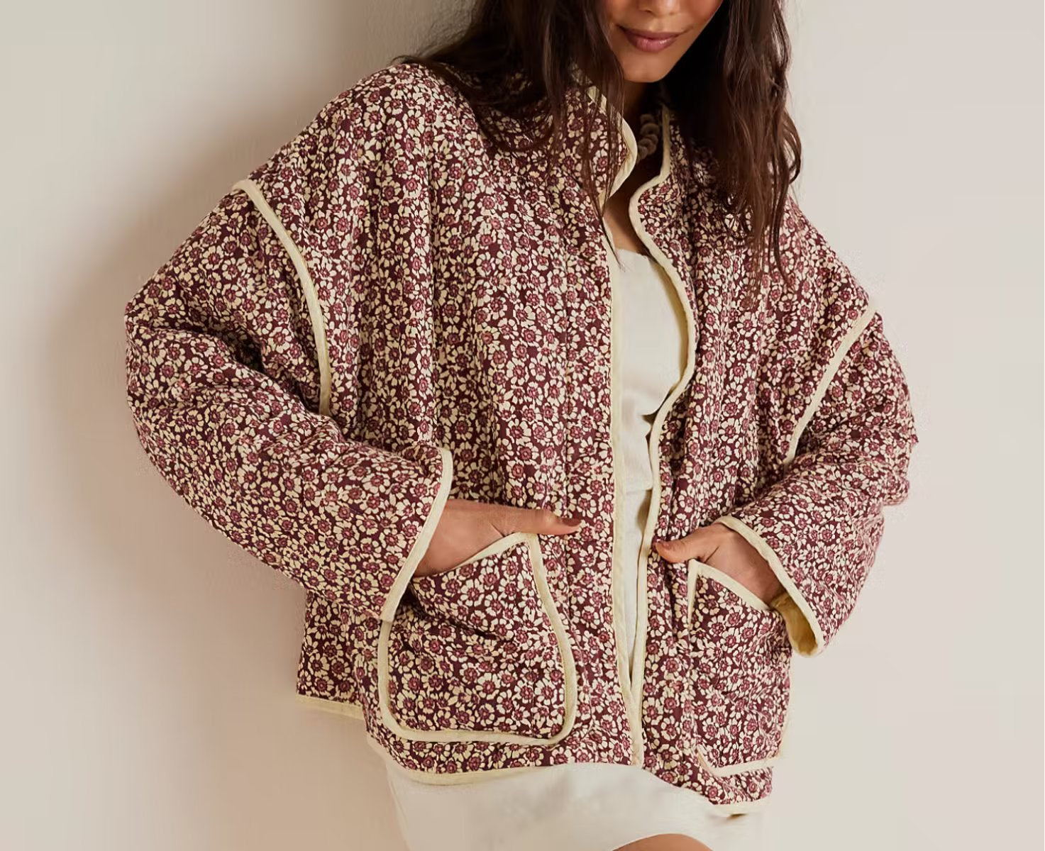 Small Floral Print Pocket Clip Cotton Drop Shoulder Jacket-Massicos