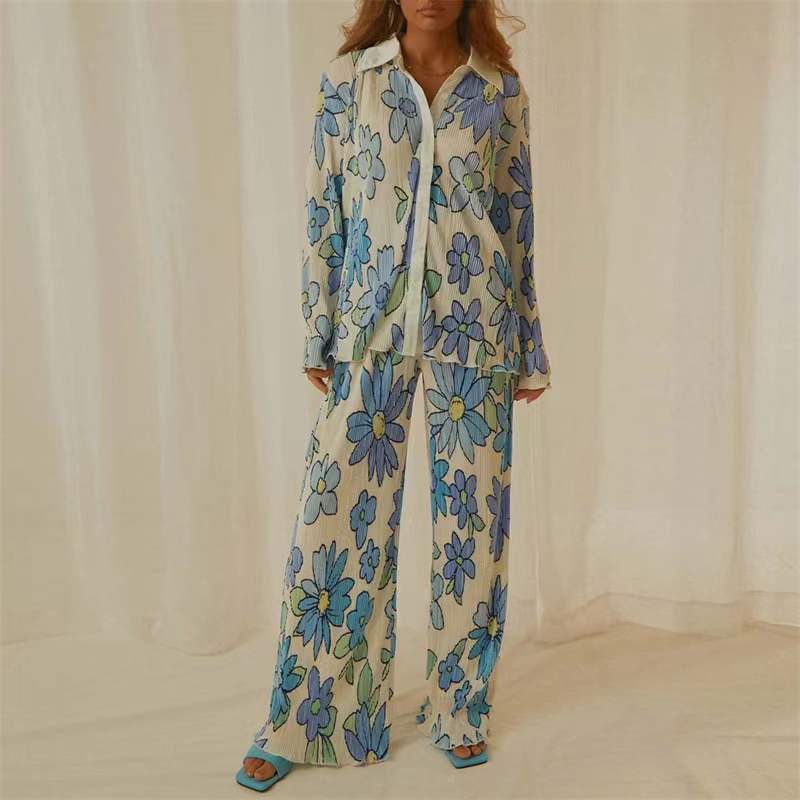 Pleated Printed Lapel Long-sleeved Shirt Pants Set-Massicos