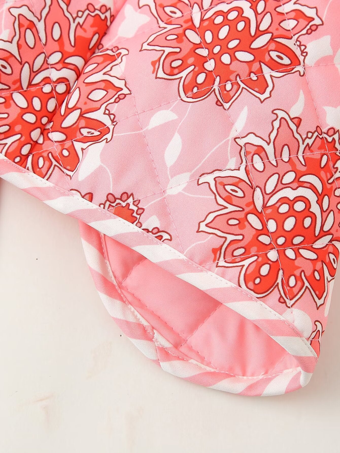 Pink Floral Print Lace-Up Quilted Thin Waistcoat-Massicos