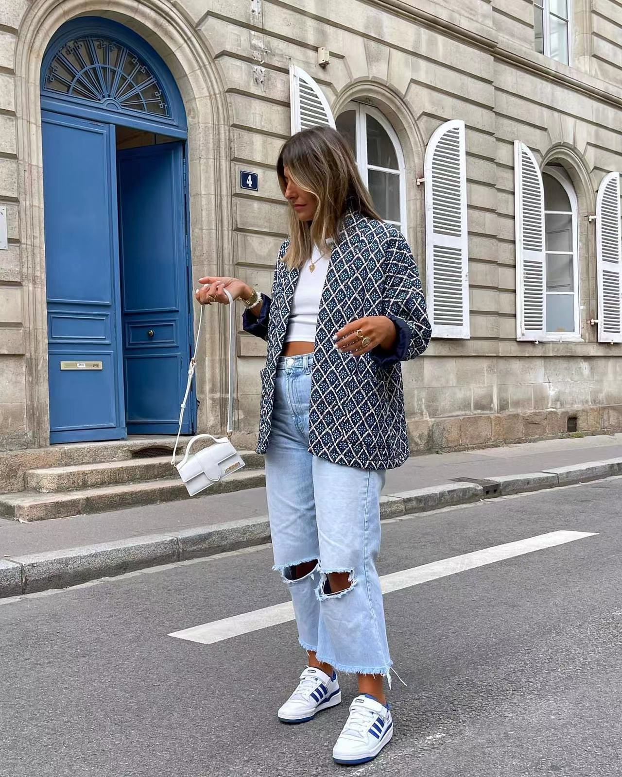 Geometric Pattern Floral Print Pockets Quilted Jacket-Massicos