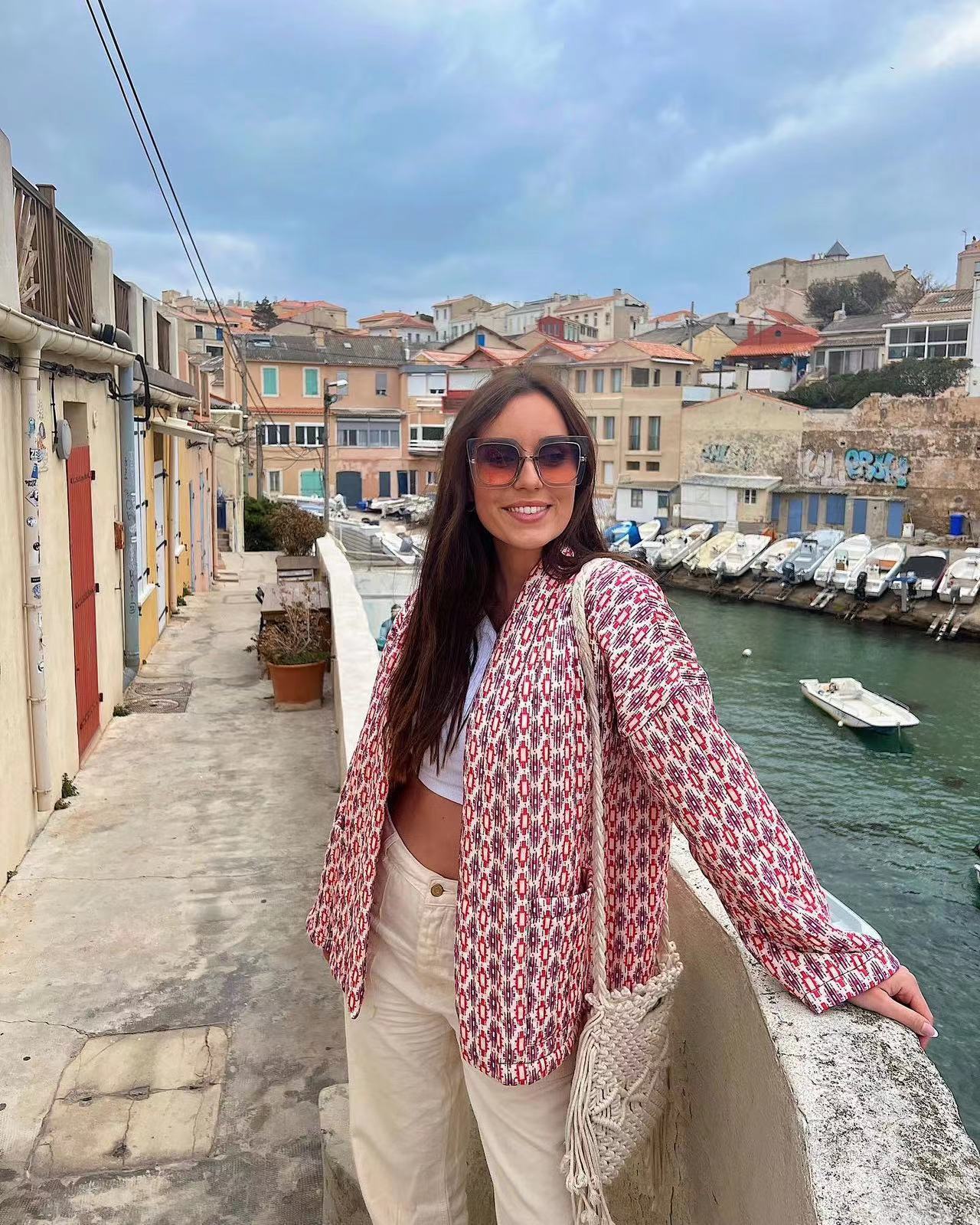 Geometric Pattern Floral Print Pockets Quilted Jacket-Massicos