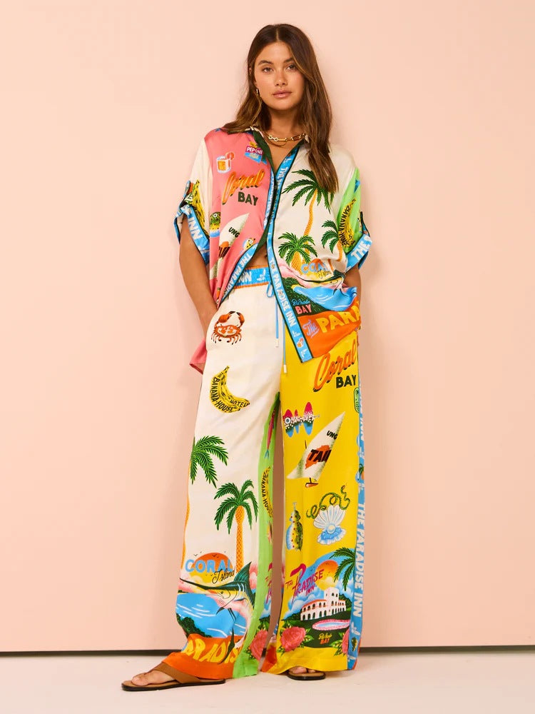 Vacation Leisure Loose Print Wide Leg Pants-Set-Massicos