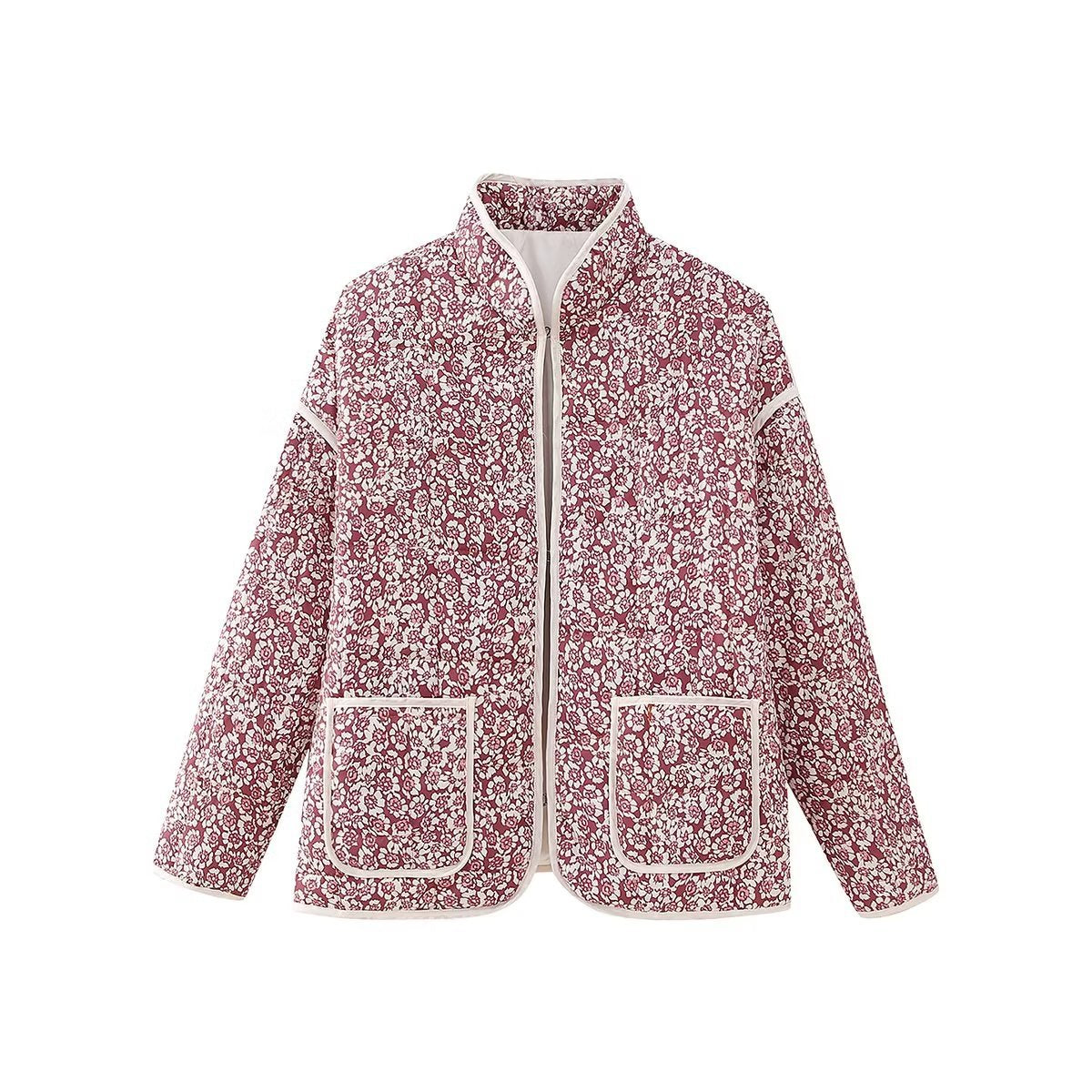Small Floral Print Pocket Clip Cotton Drop Shoulder Jacket-Massicos