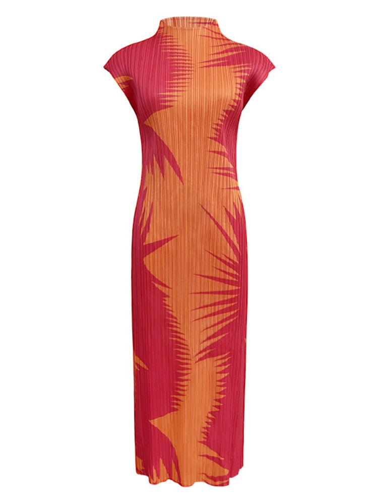 Pleated Sleeveless Turtleneck Slim Fit Dress-Massicos