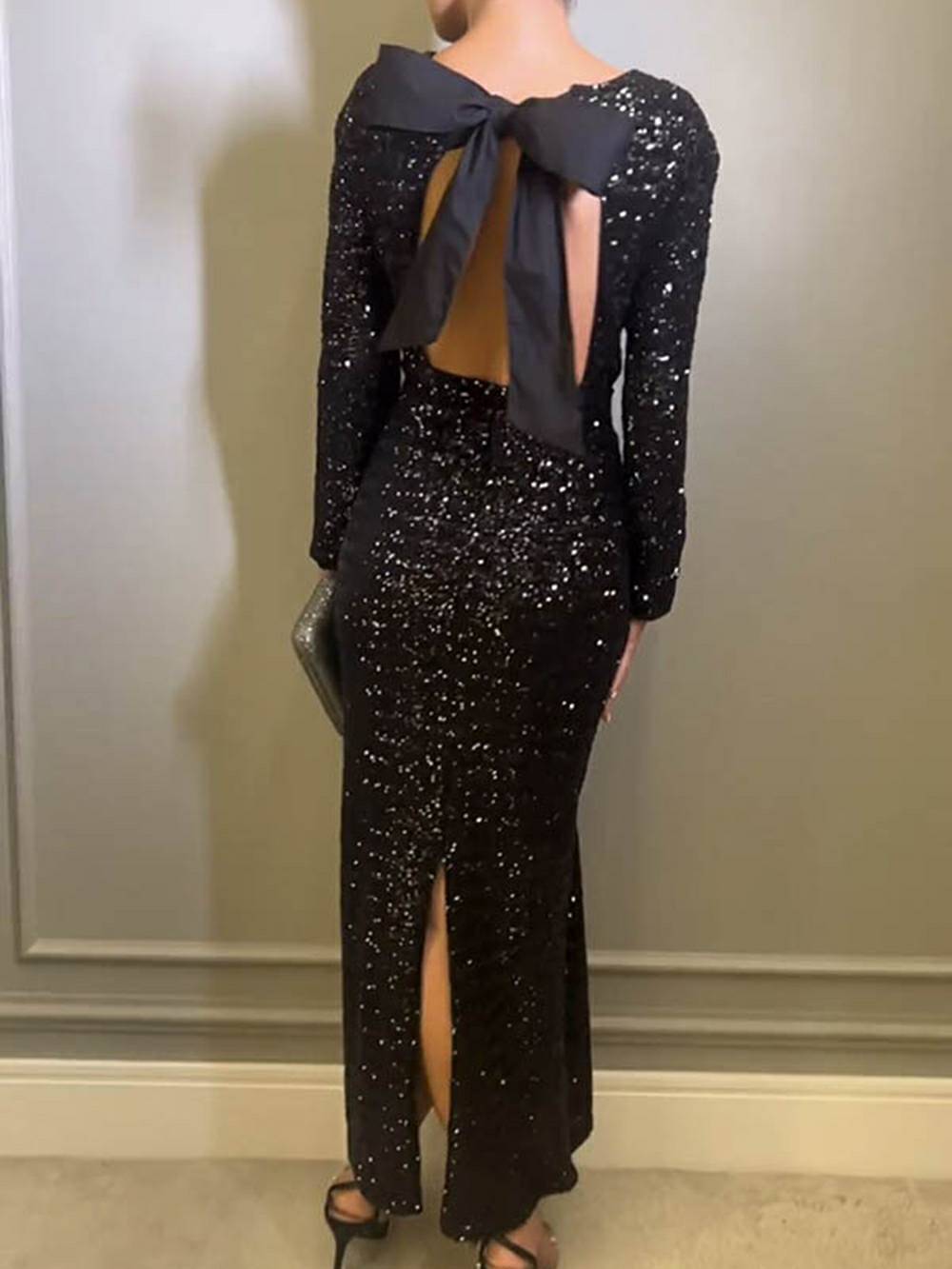 Sequin Backless Bow Maxi Dress-Massicos