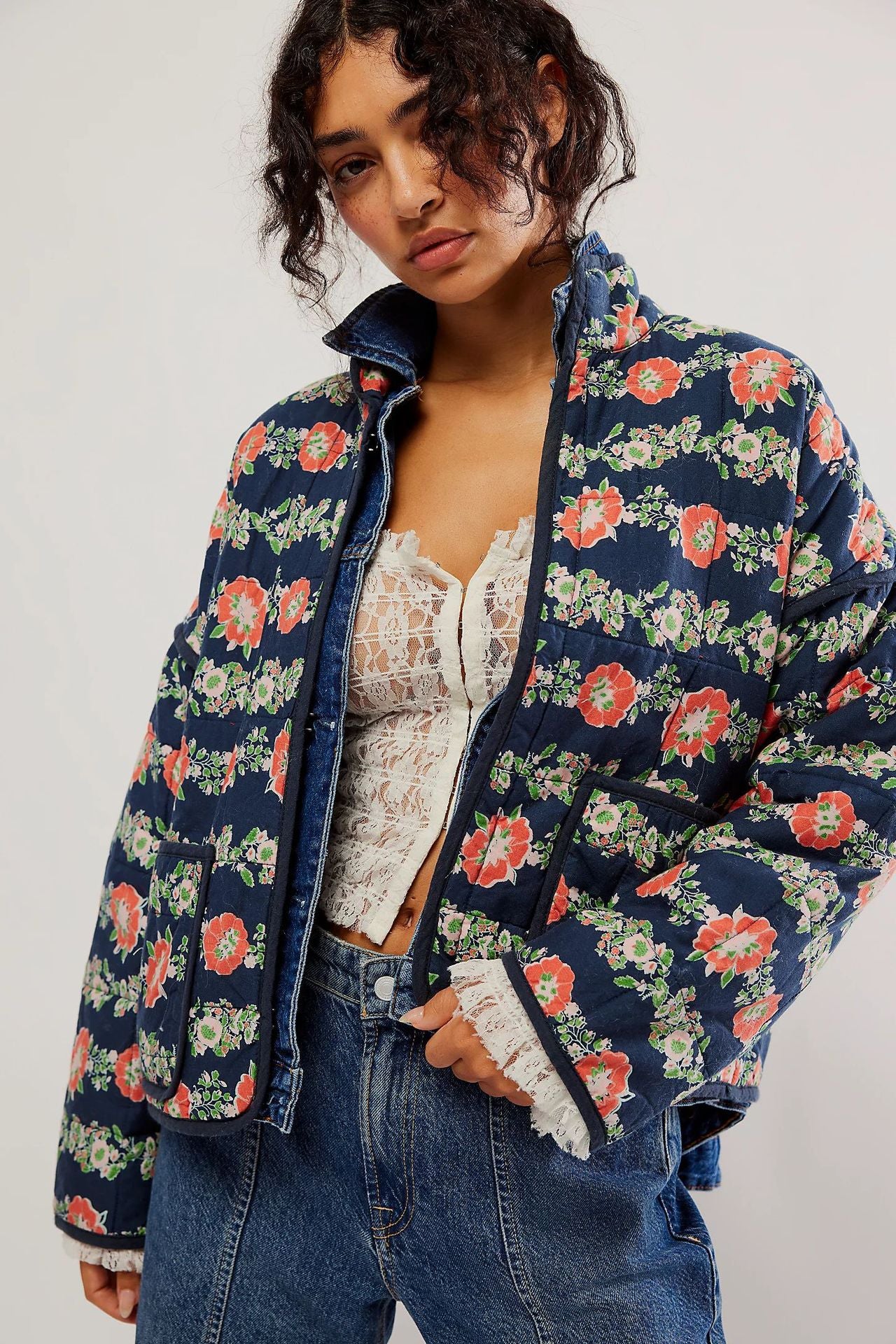 Flower Print Pocket Clip Cotton Drop Shoulder Jacket-Massicos