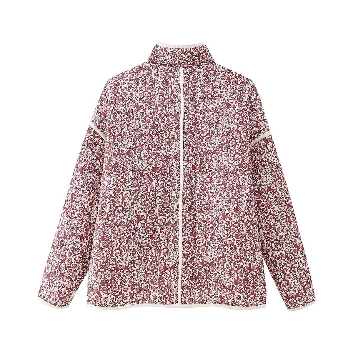 Small Floral Print Pocket Clip Cotton Drop Shoulder Jacket-Massicos