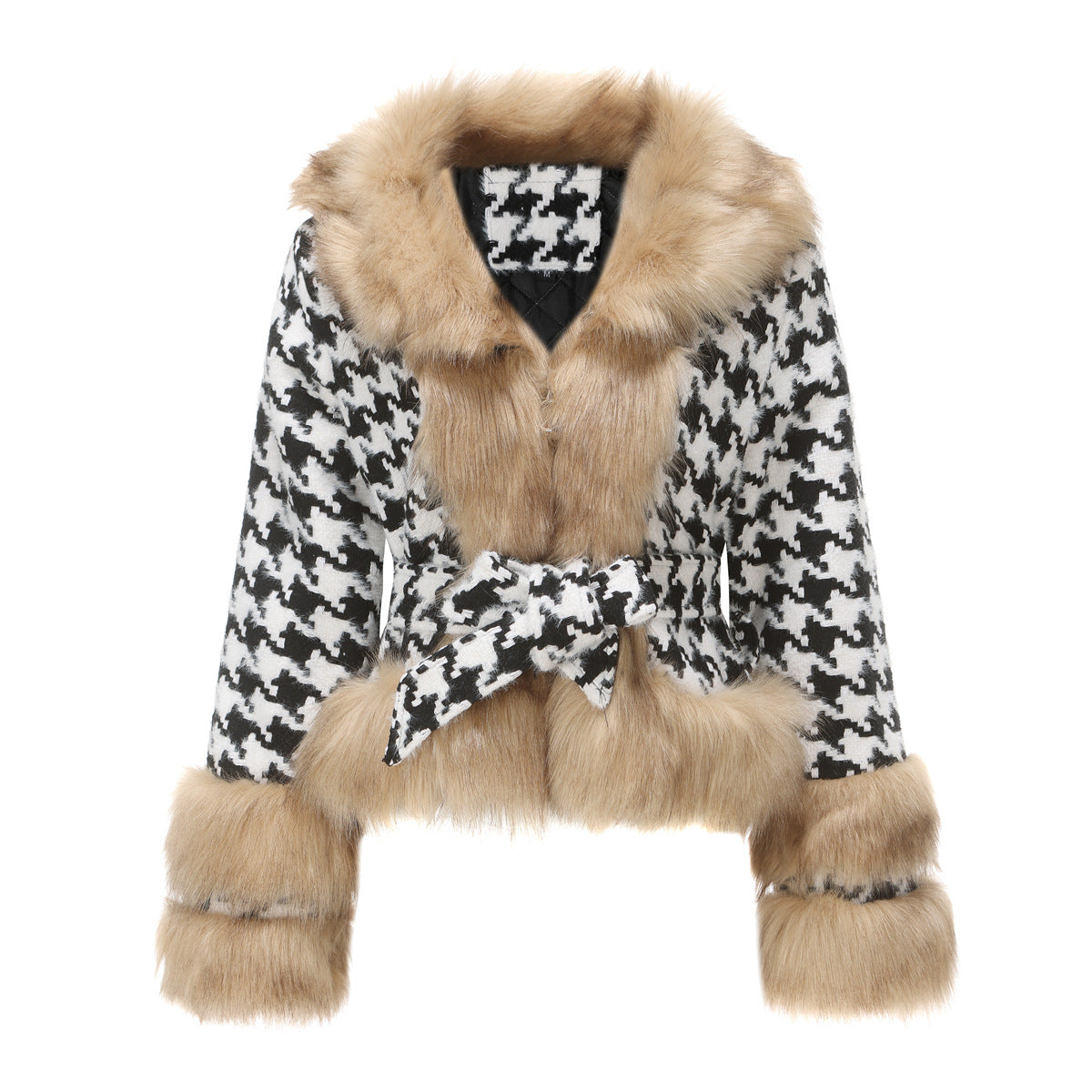 Women Autumn Winter Plaid Coat Detachable Short Fur Collar Tops Houndstooth-Massicos