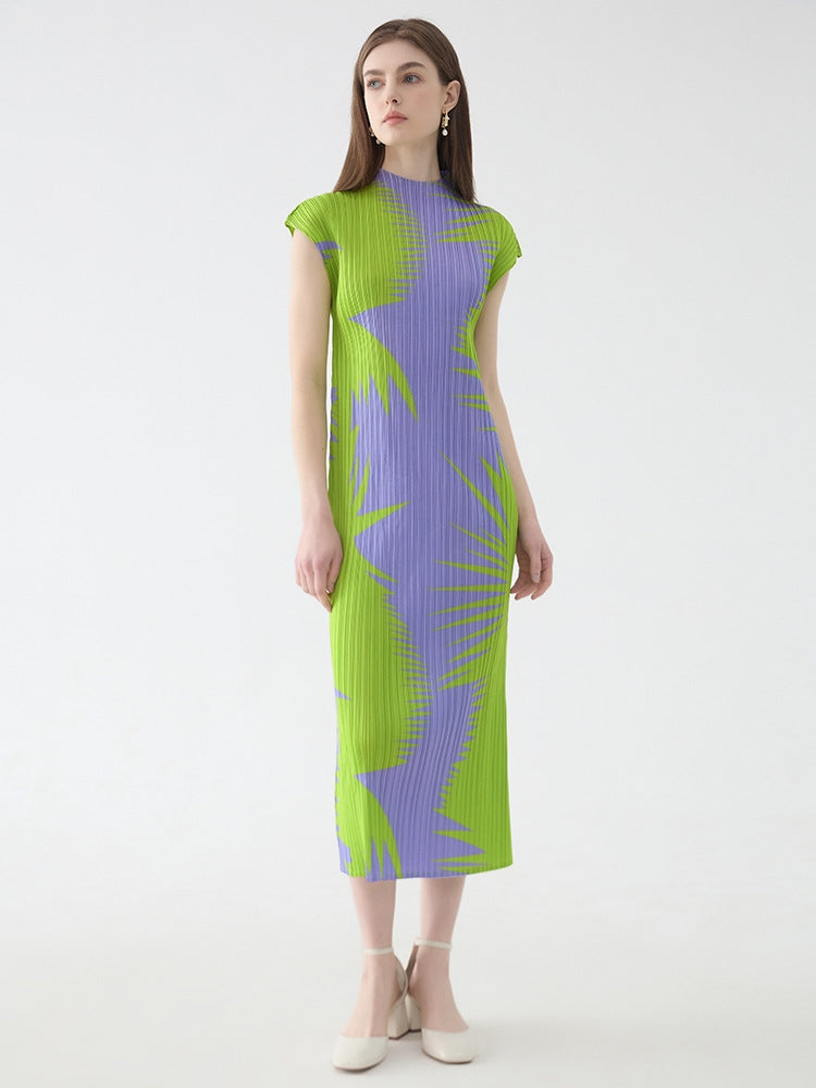 Pleated Sleeveless Turtleneck Slim Fit Dress-Massicos