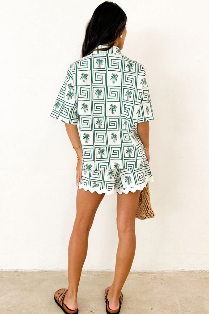 Shirt Collar Summer Botanical Print Vacation Casual Set-ROVOLE