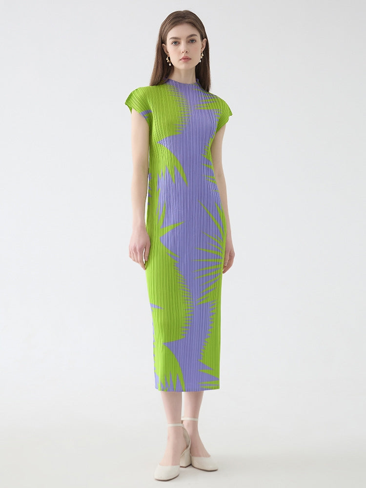Pleated Sleeveless Turtleneck Slim Fit Dress-Massicos