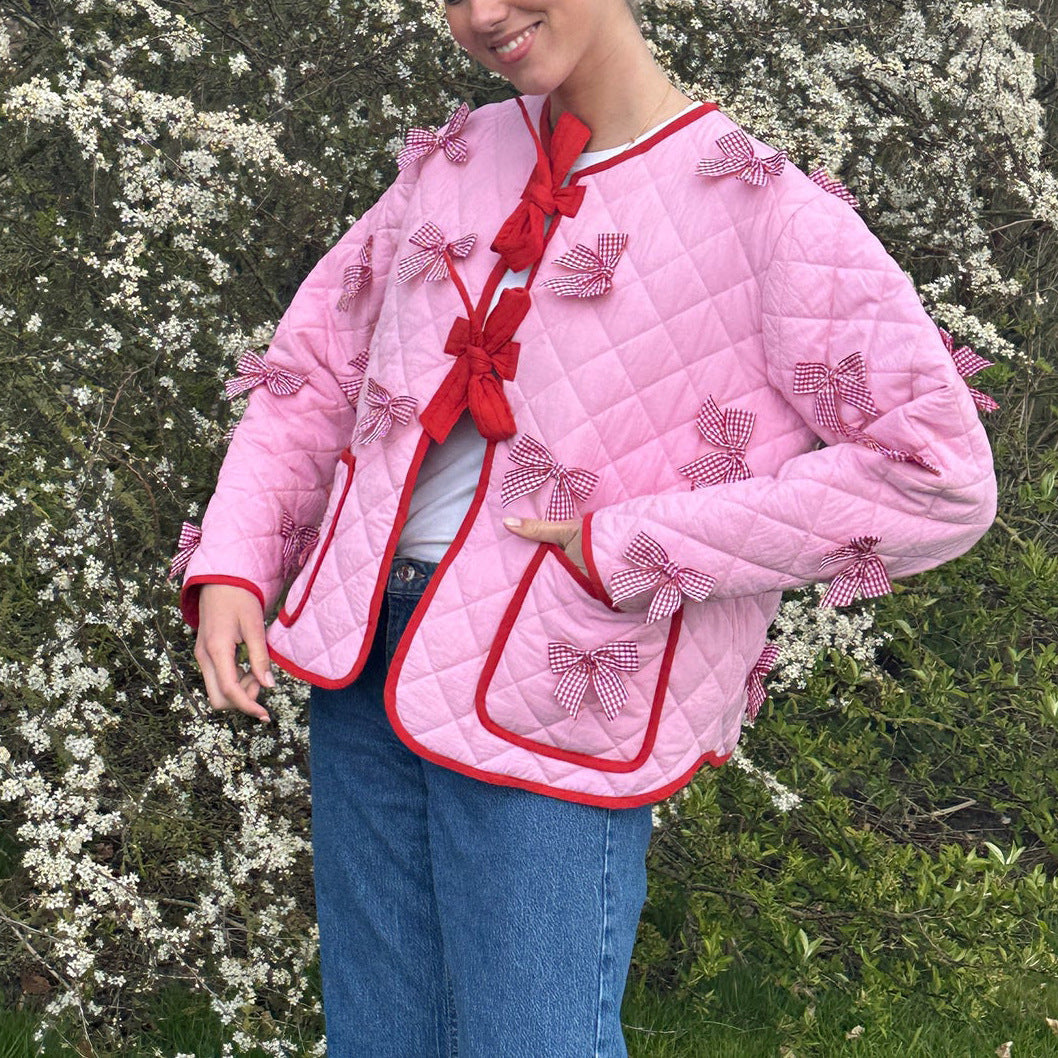 Bow Embroidered Quilted Thin Jacket-Massicos