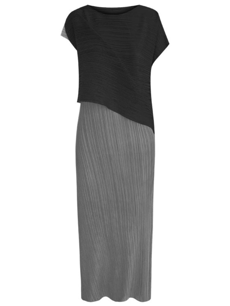 Round Neck Pleated Color Block Midi Dress-Massicos