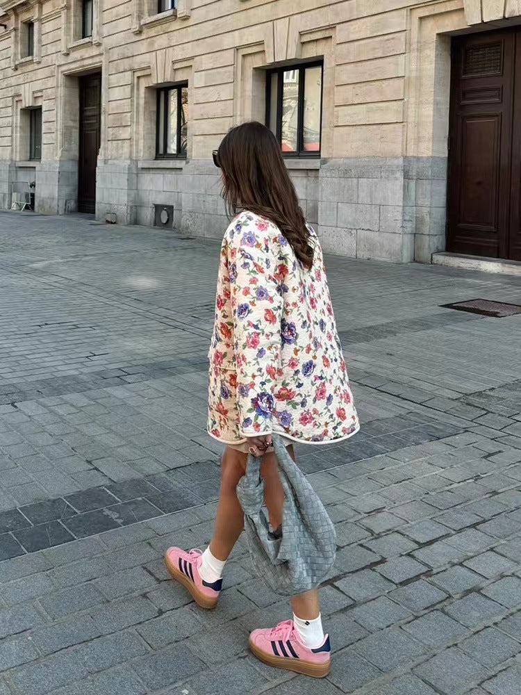Floral Print Embossed Pockets Cotton Jacket-Massicos