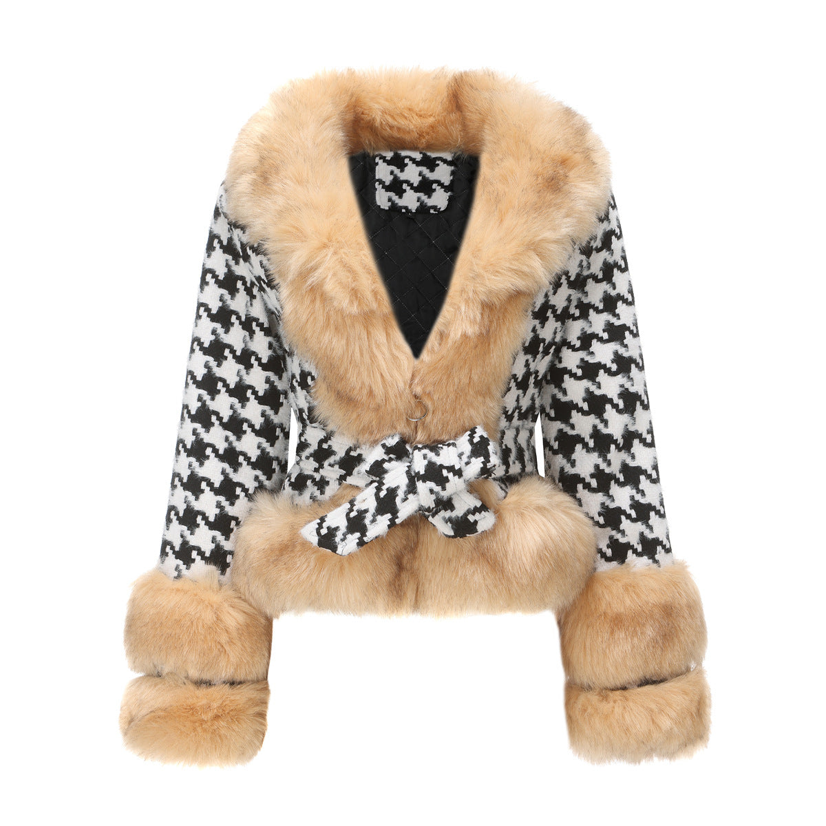 Women Autumn Winter Plaid Coat Detachable Short Fur Collar Tops Houndstooth-Massicos