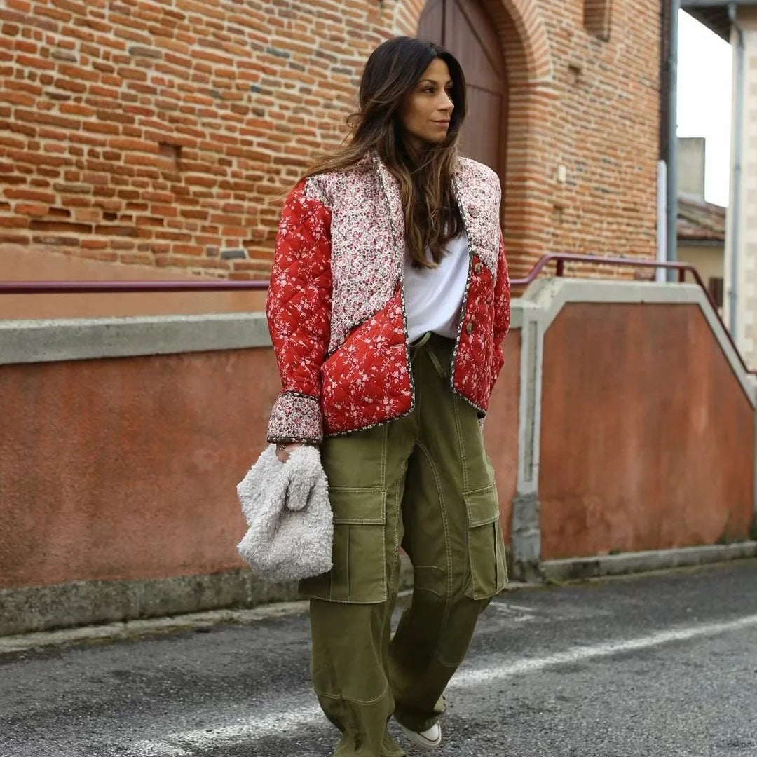 Ethnic style Floral Print Color Contrast Quilted Jacket-Massicos