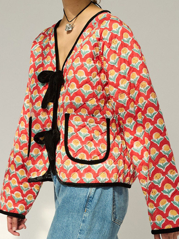 Cute Floral Print Bow Lace-Up Jacket-Massicos