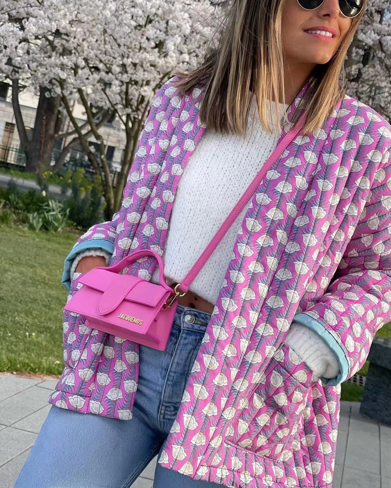 Geometric Pattern Floral Print Pockets Quilted Jacket-Massicos