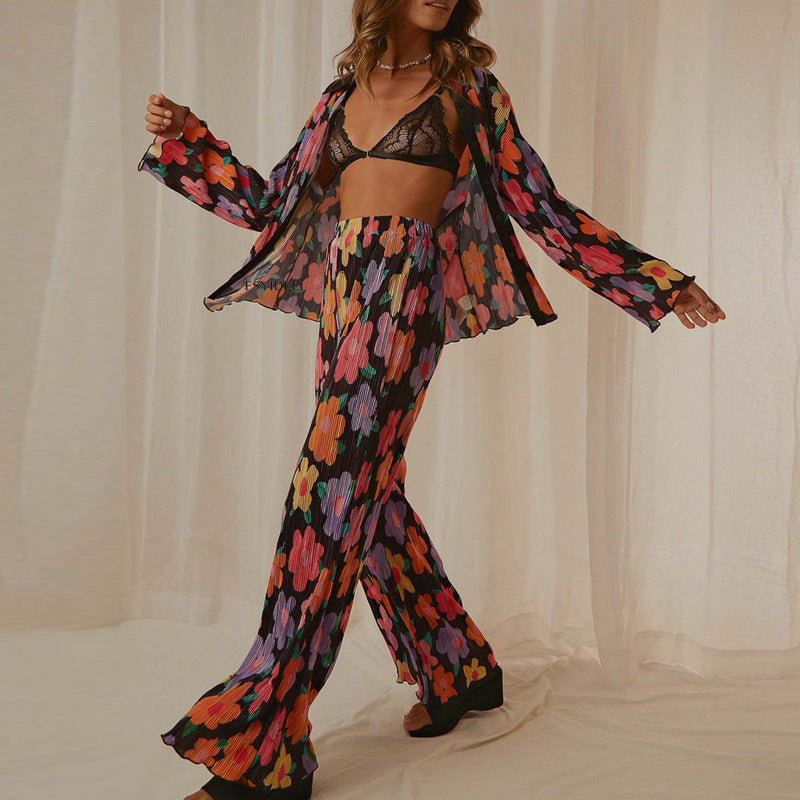 Pleated Printed Lapel Long-sleeved Shirt Pants Set-Massicos