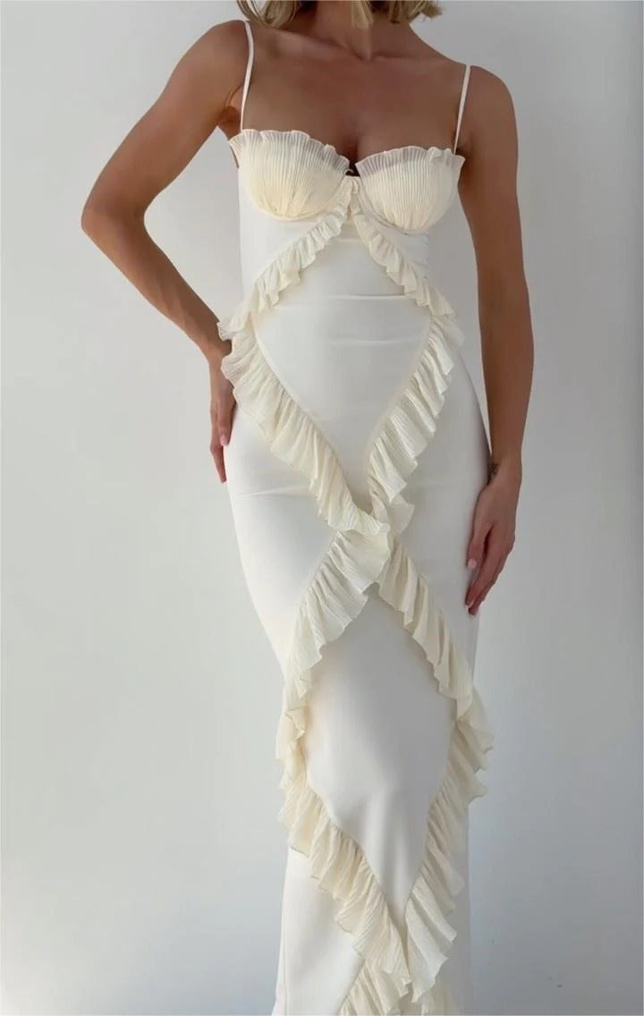 Pleated Frilly Slip Slit Maxi Dress-Massicos