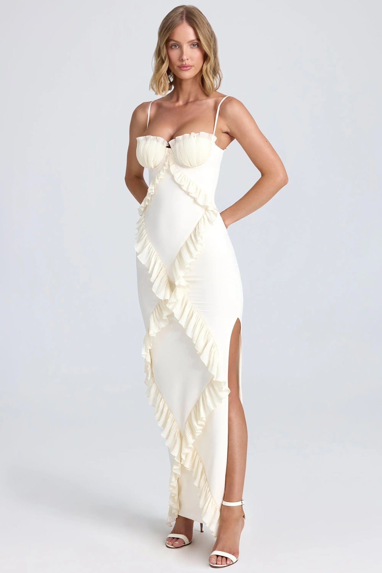 Pleated Frilly Slip Slit Maxi Dress-Massicos
