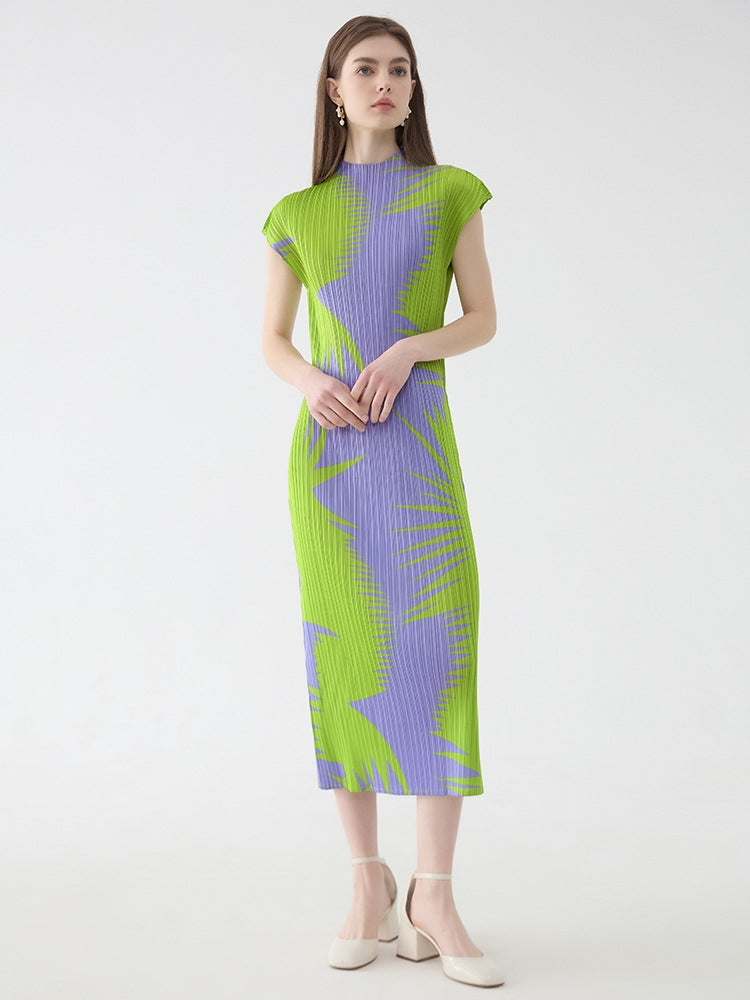 Pleated Sleeveless Turtleneck Slim Fit Dress-Massicos