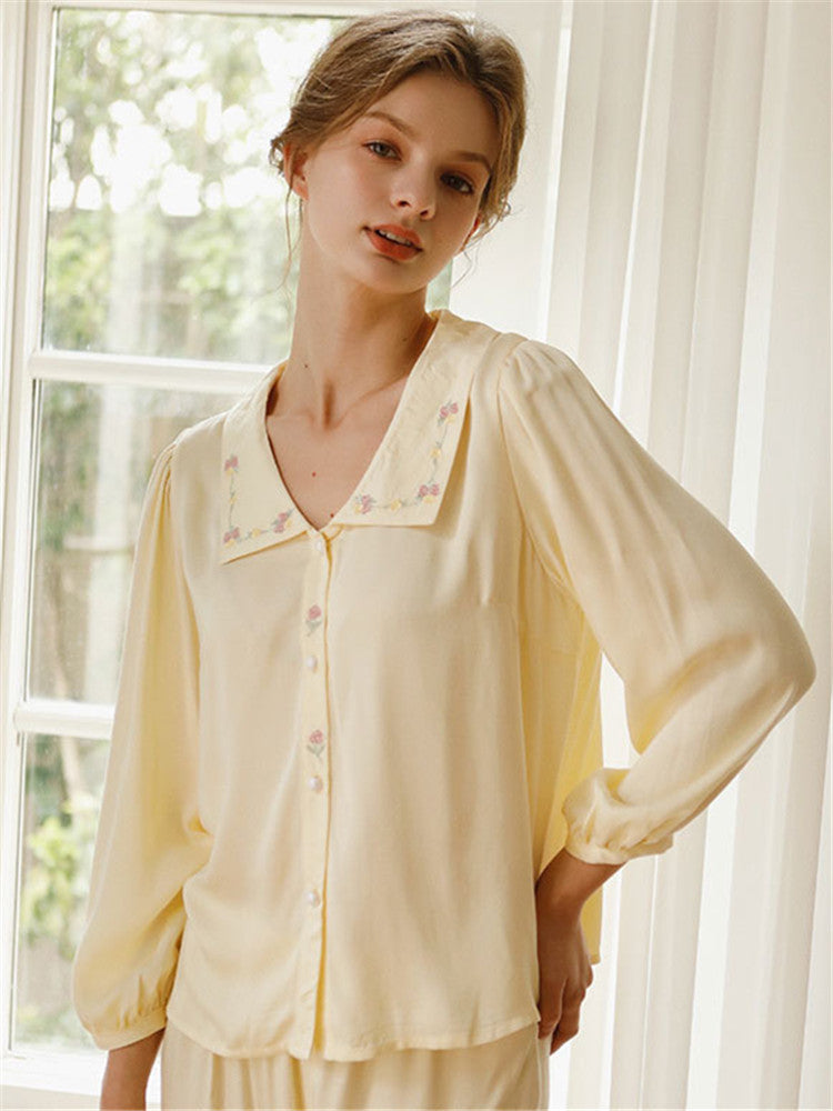 Satin Rose Embroidery Sleepwear Set-Massicos