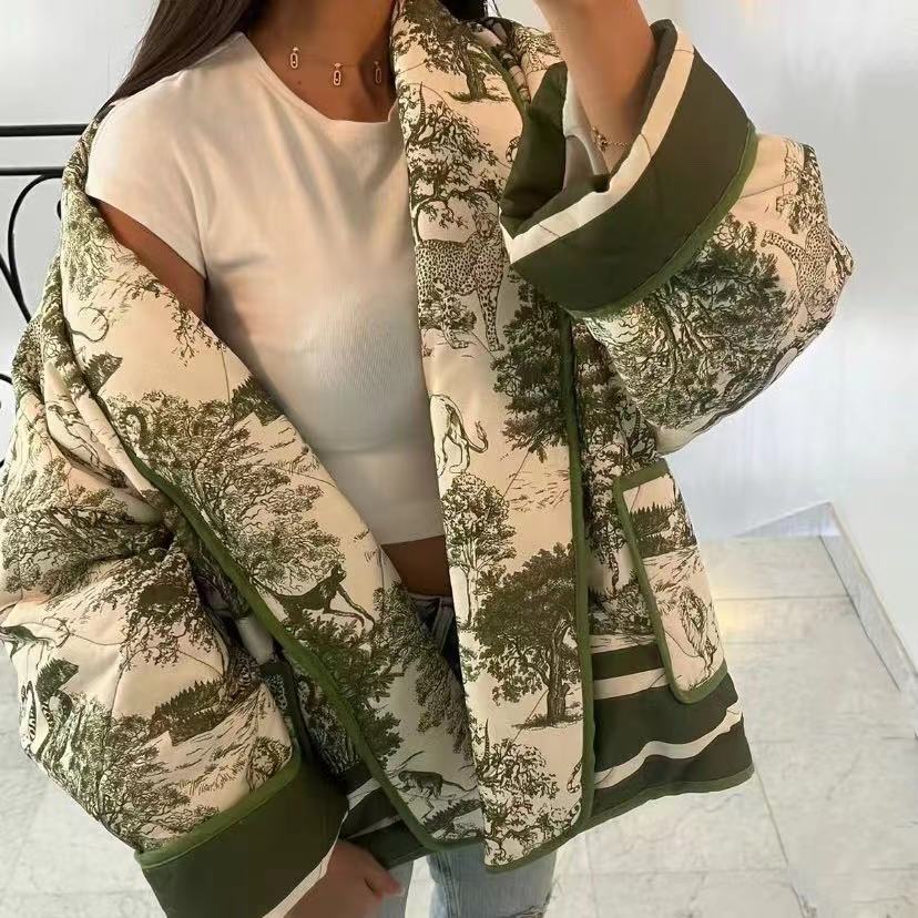 Vintage Ink Painting Print Quilted Oversized Jacket-Massicos