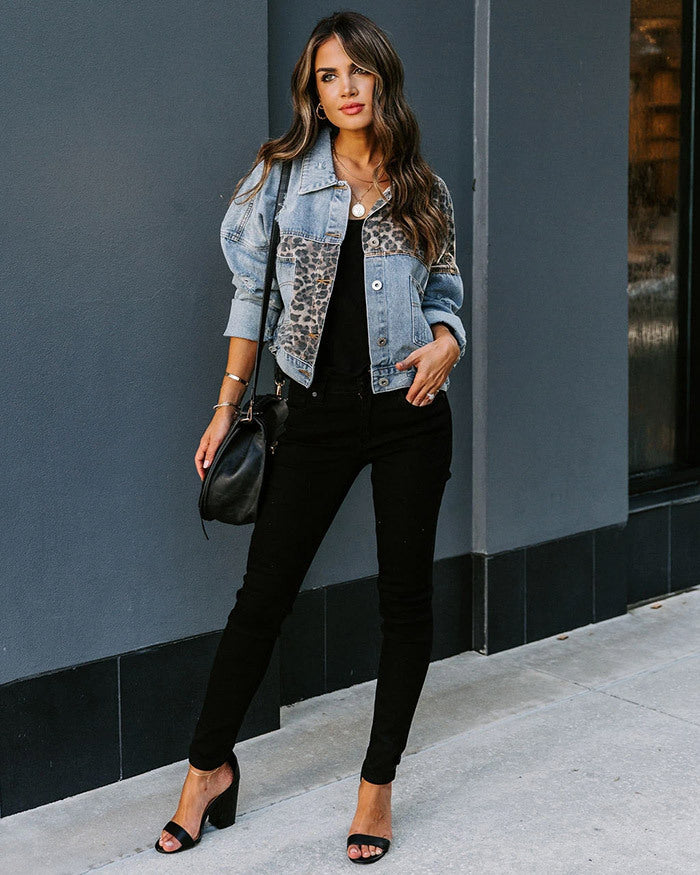 Patchwork Leopard Print Denim Jacket-Massicos
