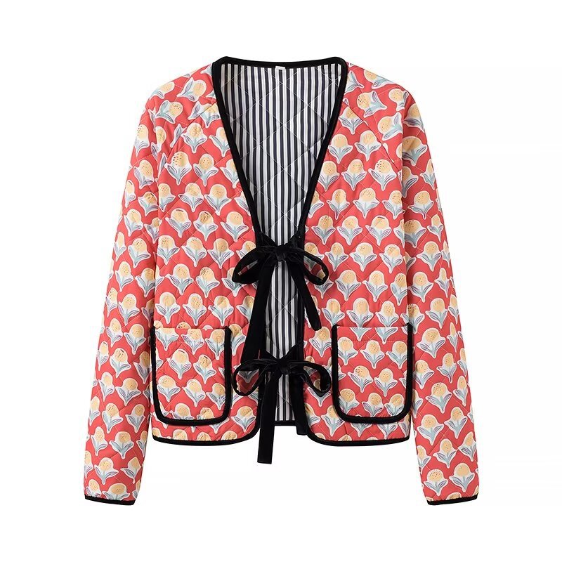 Cute Floral Print Bow Lace-Up Jacket-Massicos
