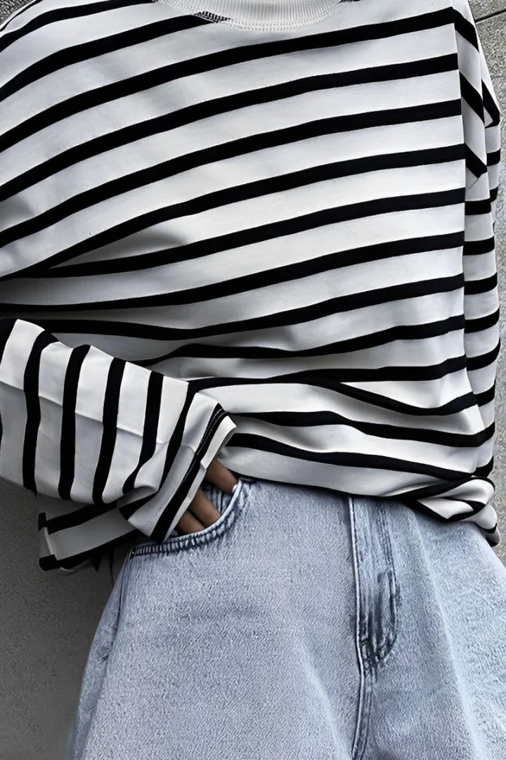 Round Neck Shirt Black Stripe Blouse-ROVOLE