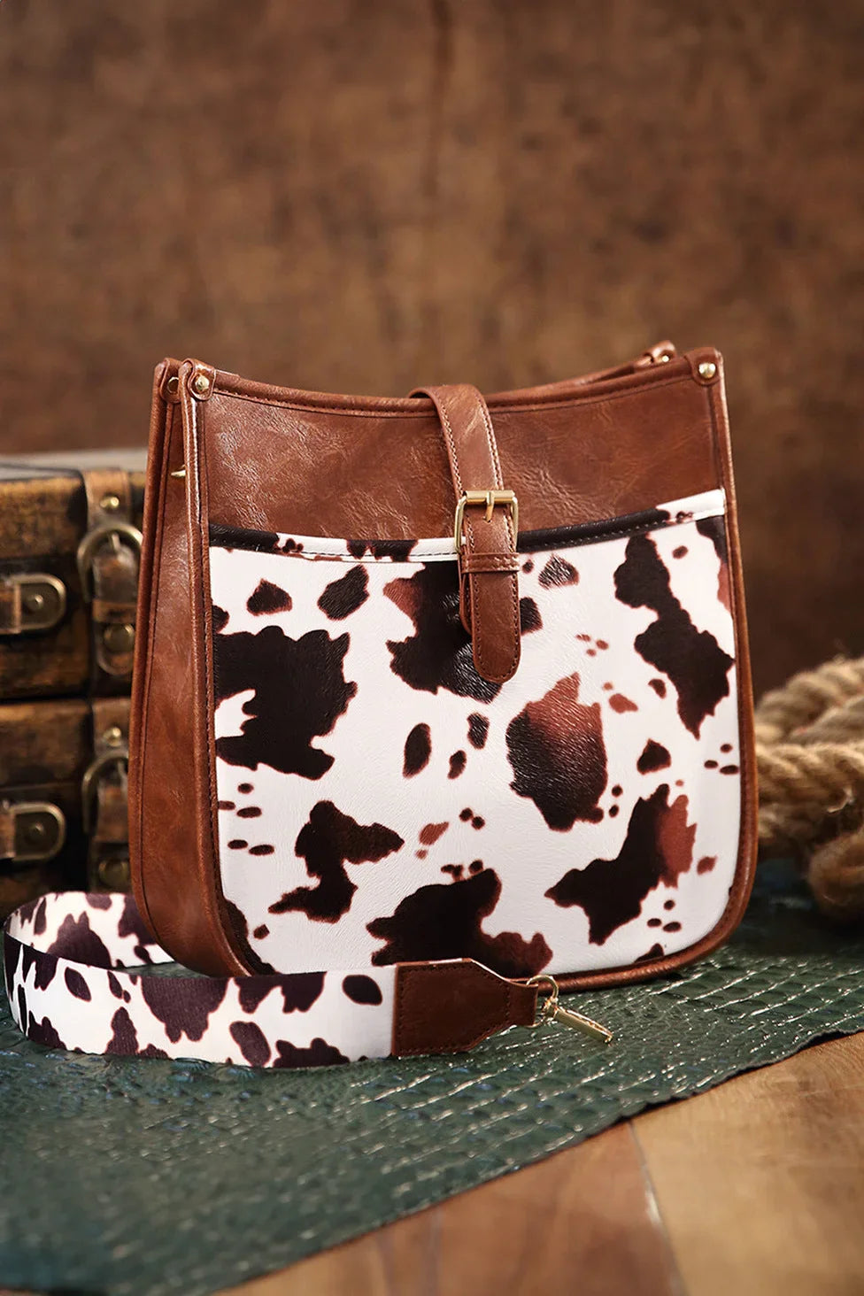 Western Cowboy Style Brown Cow Print Crossbody Bag-ROVOLE
