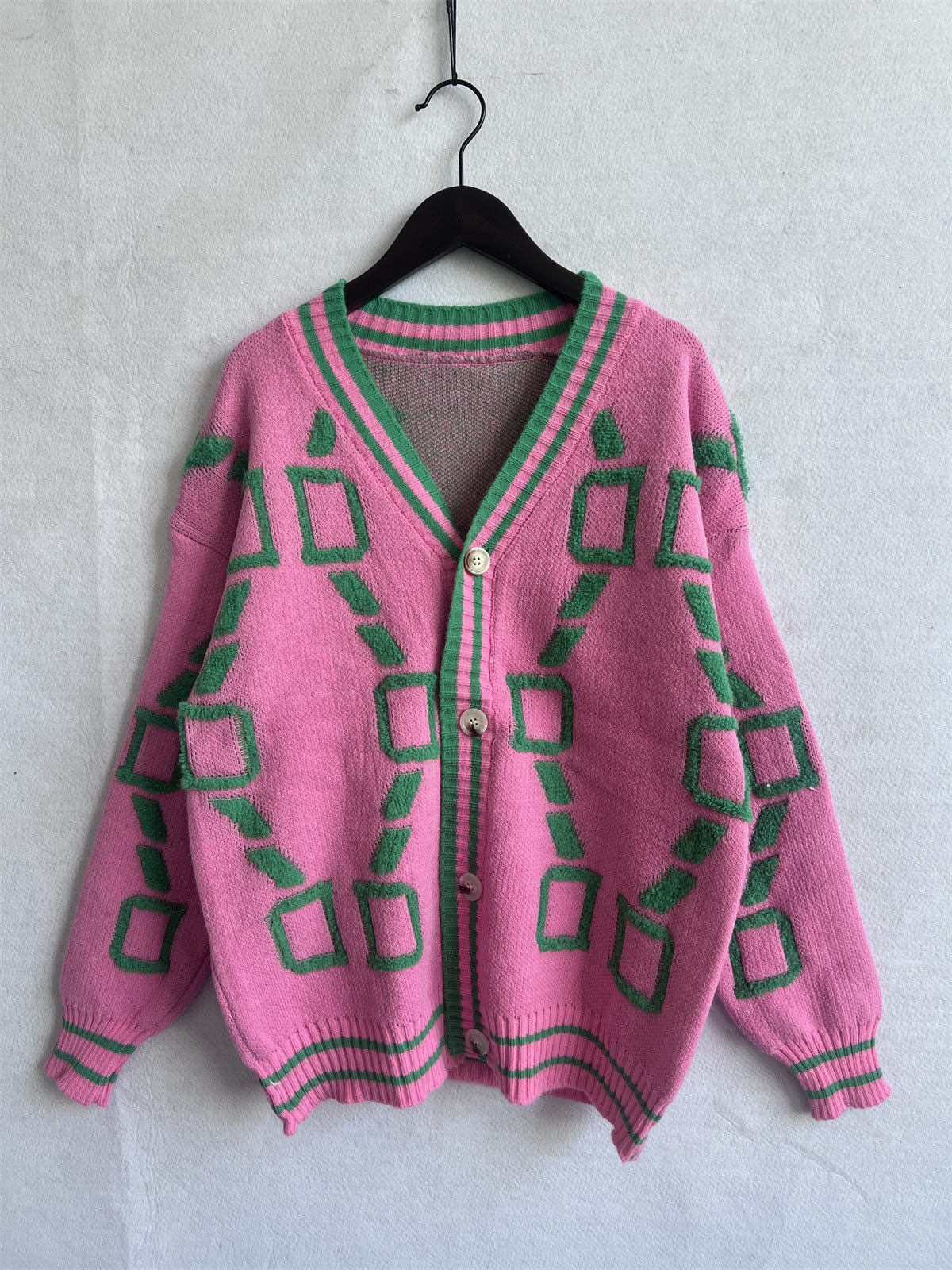 V-Neck Casual Color Contrast Knit Cardigan-ROVOLE