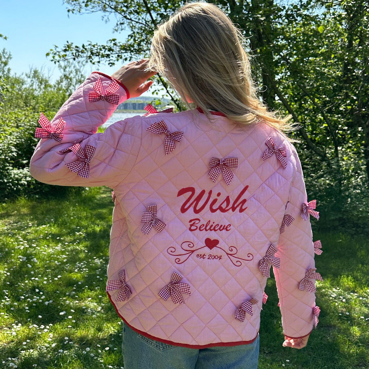 Bow Embroidered Quilted Thin Jacket-Massicos