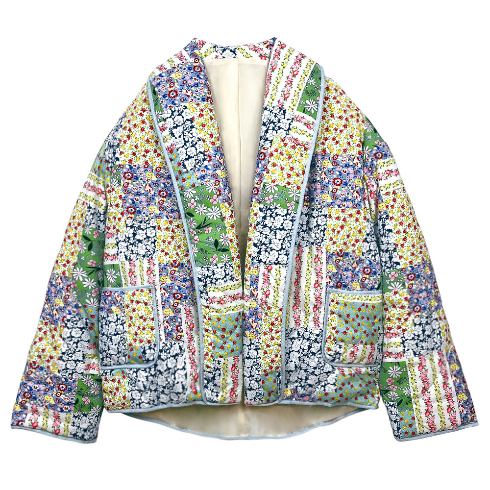 Yellow-Green Floral Patterned Patchwork Printed Jacket-Massicos