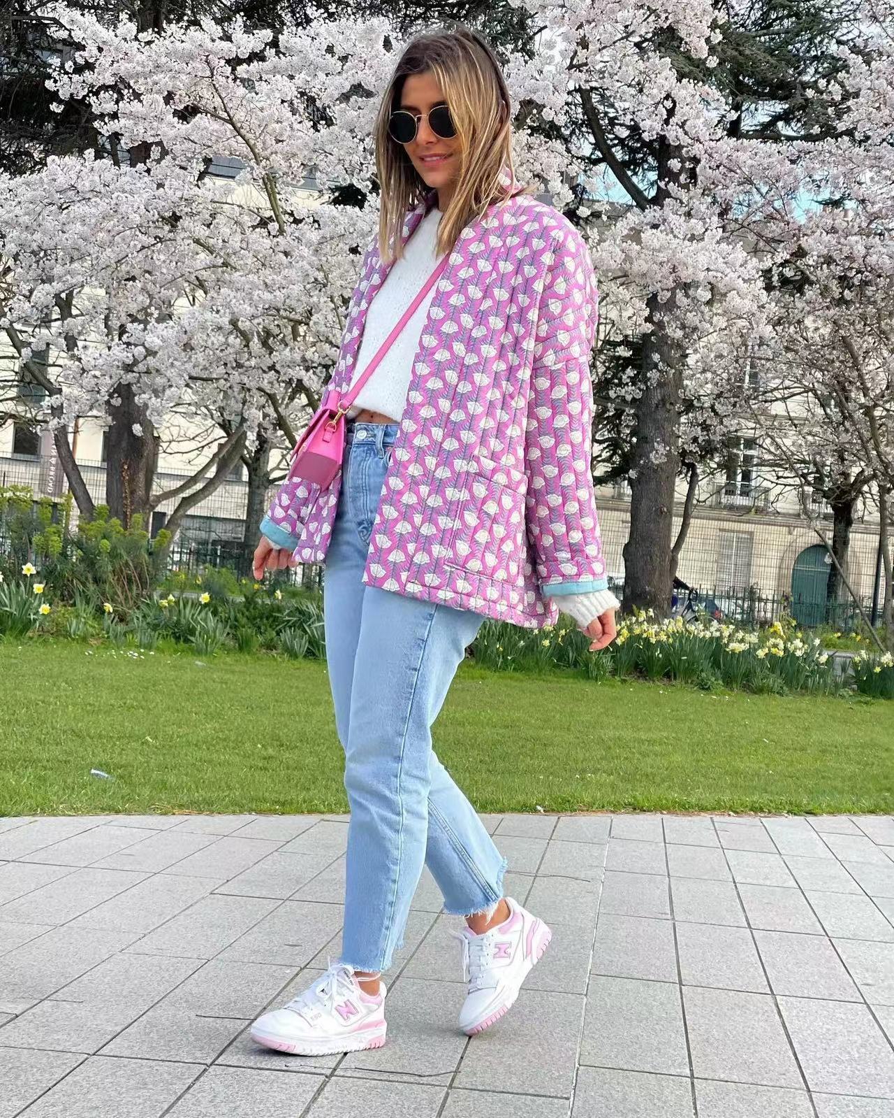 Geometric Pattern Floral Print Pockets Quilted Jacket-Massicos