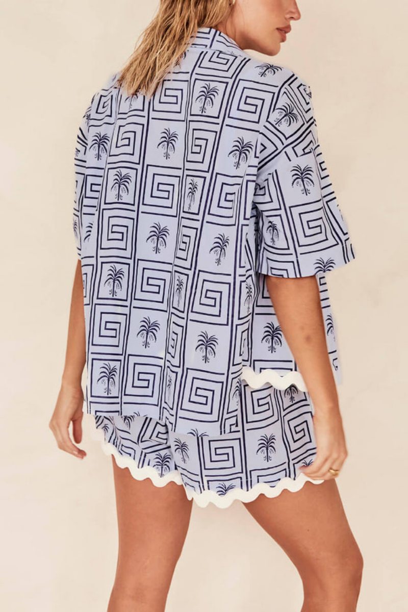 Shirt Collar Summer Botanical Print Vacation Casual Set-ROVOLE