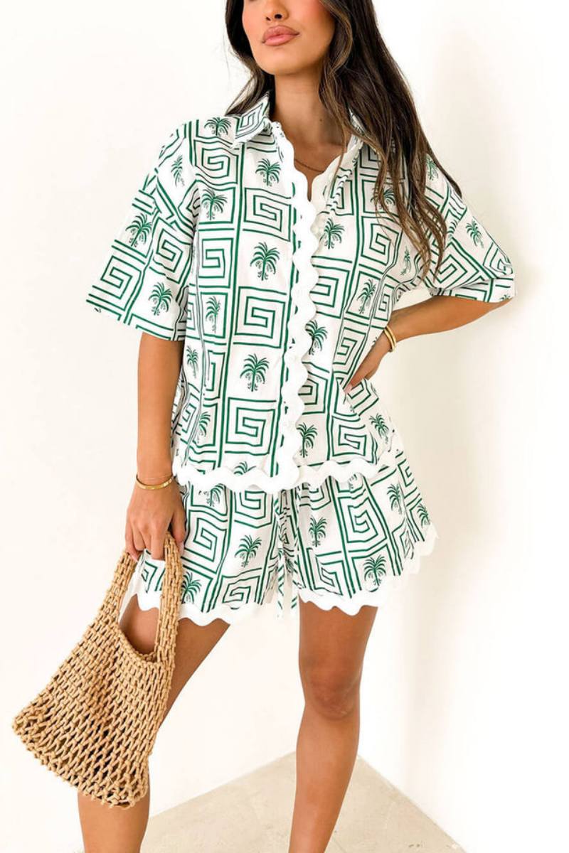 Shirt Collar Summer Botanical Print Vacation Casual Set-ROVOLE