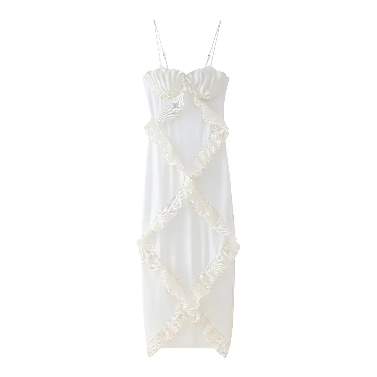 Pleated Frilly Slip Slit Maxi Dress-Massicos