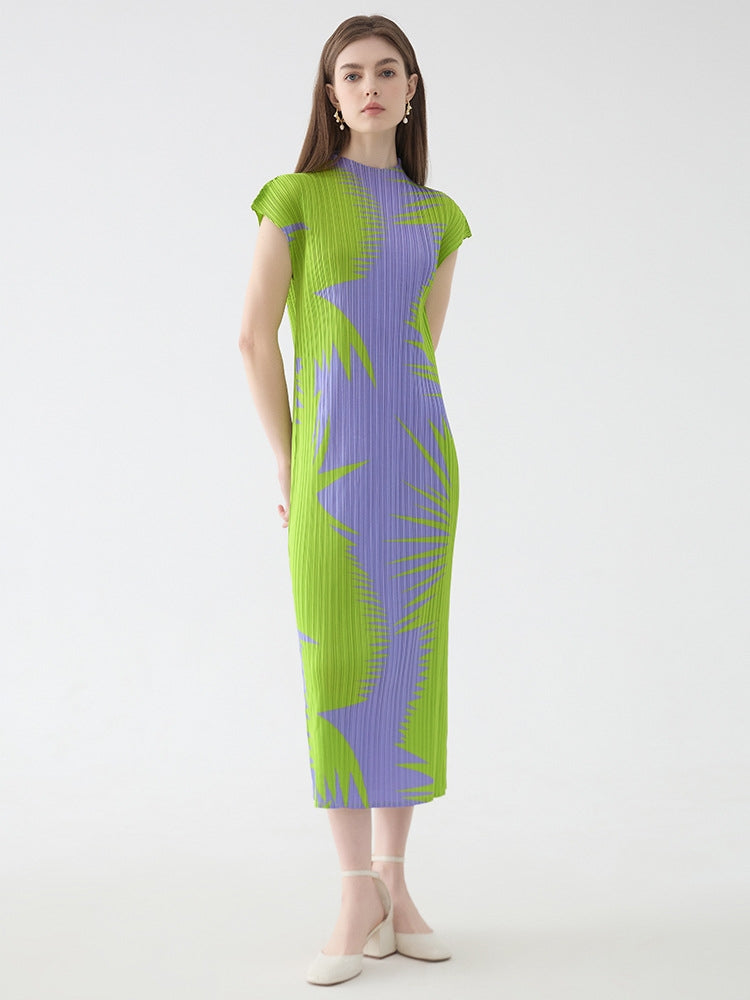Pleated Sleeveless Turtleneck Slim Fit Dress-Massicos