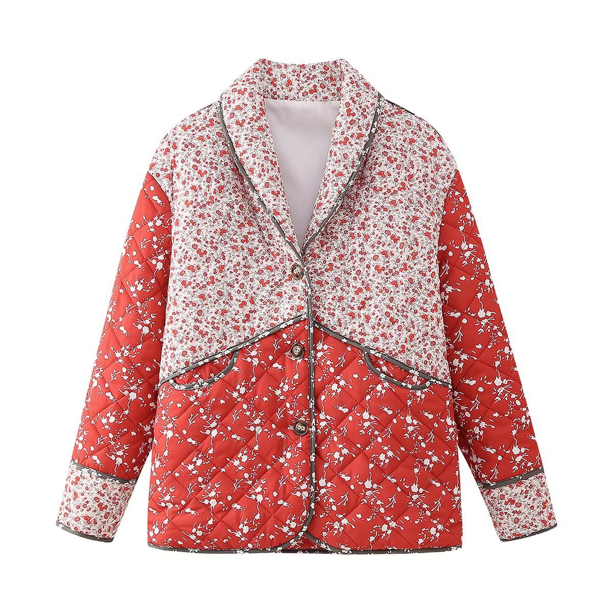 Ethnic style Floral Print Color Contrast Quilted Jacket-Massicos