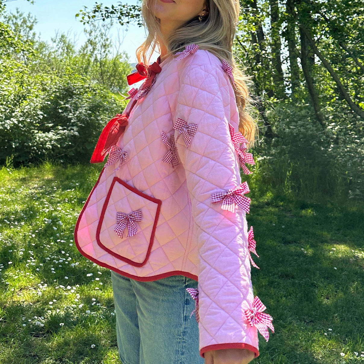 Bow Embroidered Quilted Thin Jacket-Massicos