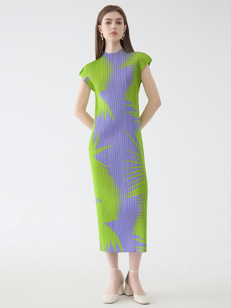 Pleated Sleeveless Turtleneck Slim Fit Dress-Massicos