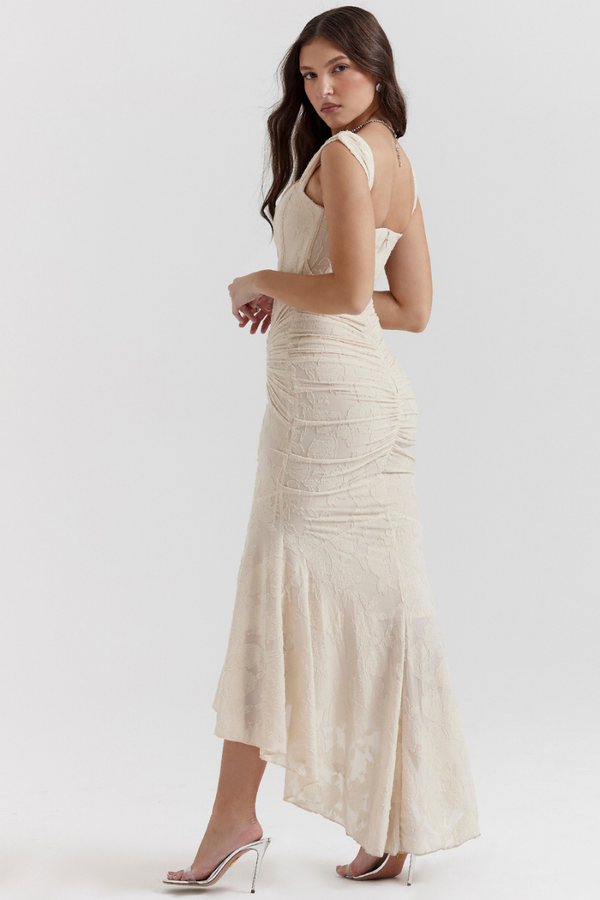 Octavie Ruched Corset Maxi Dress In Beige-ROVOLE