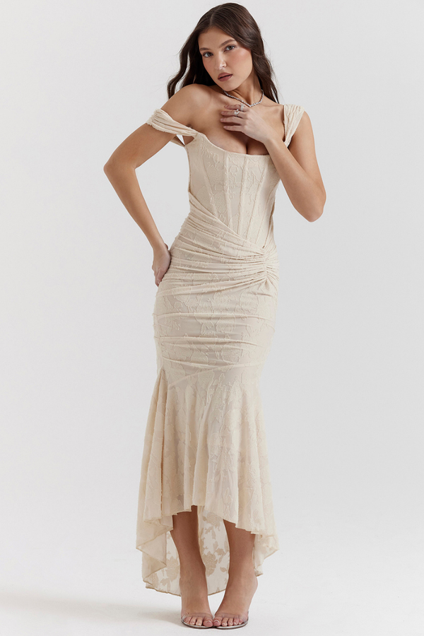 Octavie Ruched Corset Maxi Dress In Beige-ROVOLE
